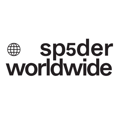 Black text reads 'sp5der worldwide' with a globe icon on the left side, all on a white background.