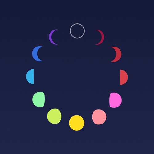 Colorful crescent moon shapes arranged in a circle on a dark background, showing different phases and colors.