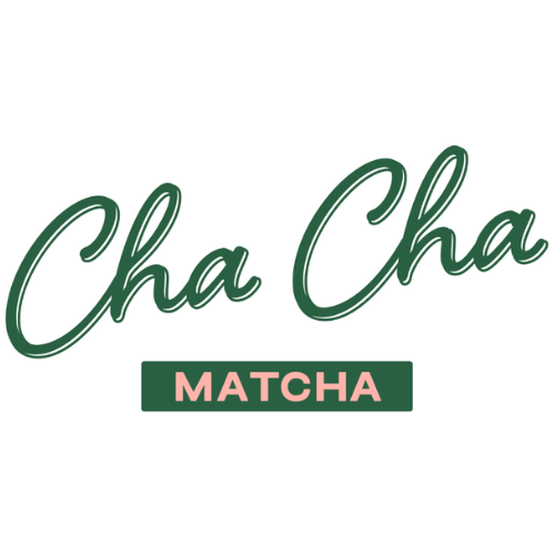 The image displays the logo for 'Cha Cha Matcha,' with the name written in stylish green script and a pink and green rectangular label underneath with the word 'MATCHA' in bold pink letters.