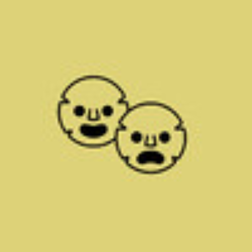 Two cartoon baby faces with different expressions on a yellow background.