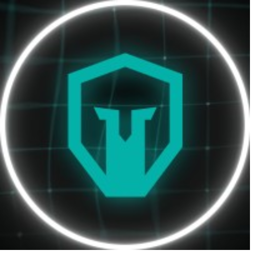 A digital logo featuring a stylized owl with a shield outline behind it, glowing in turquoise on a dark grid background with a circular light border.