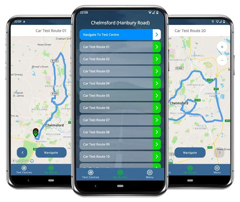 chelmsford driving test routes app