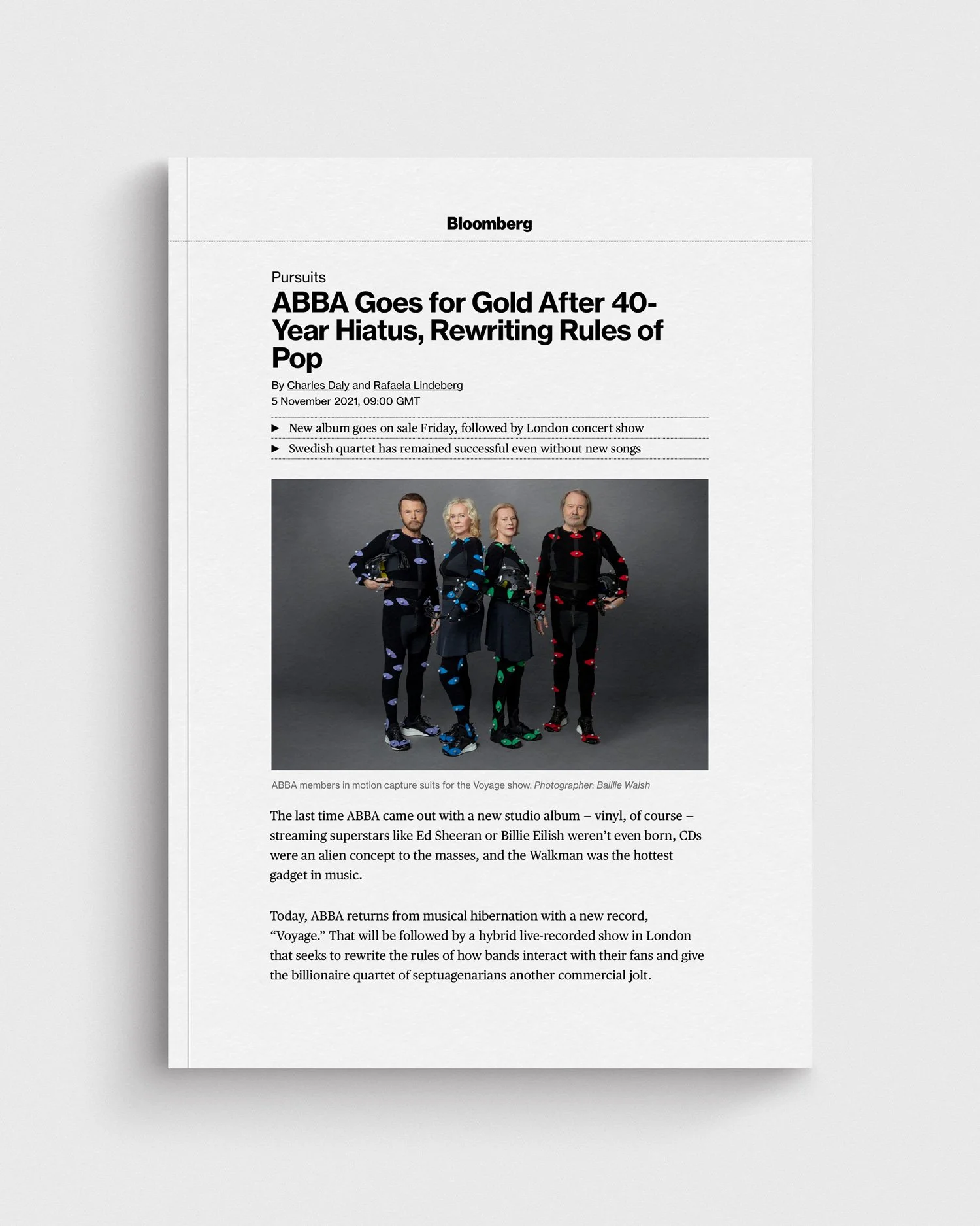 Bloomberg: ABBA Goes for Gold After 40-Year Hiatus, Rewriting Rules of Pop