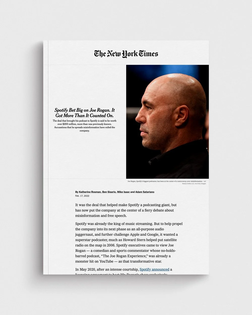 The New York Times: Spotify Bet Big on Joe Rogan. It Got More Than It Counted On.