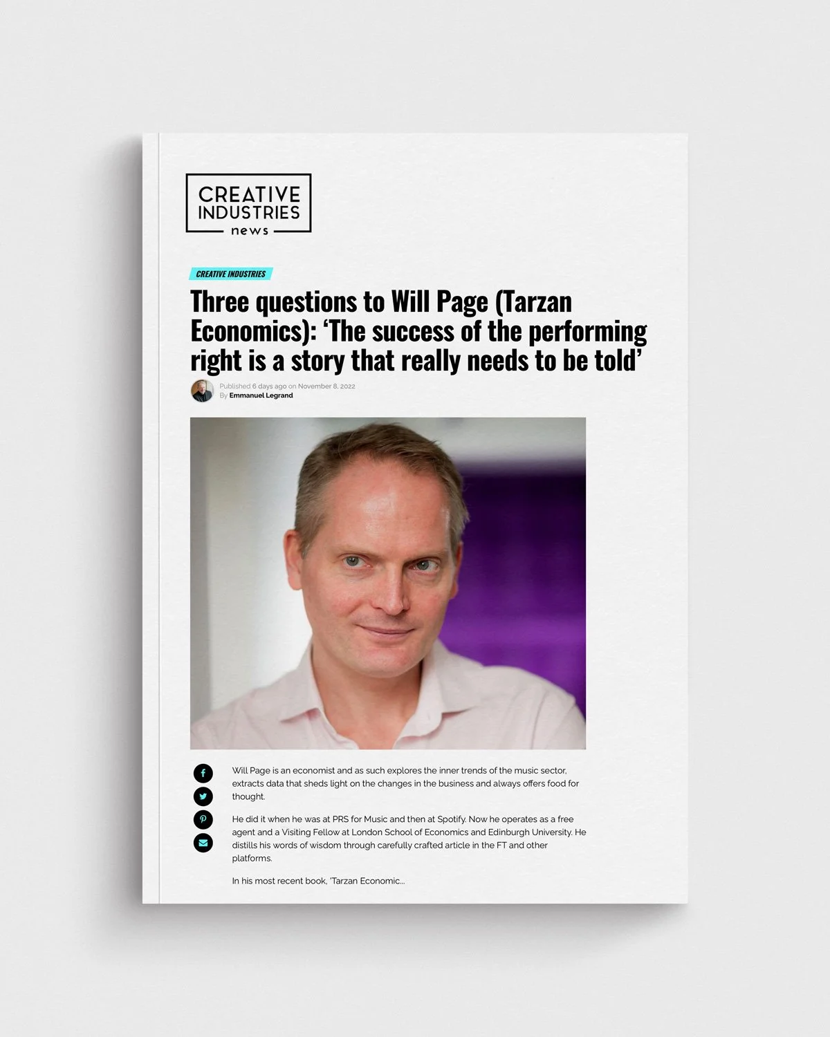Three questions to Will Page (Tarzan Economics): ‘The success of the performing right is a story that really needs to be told’