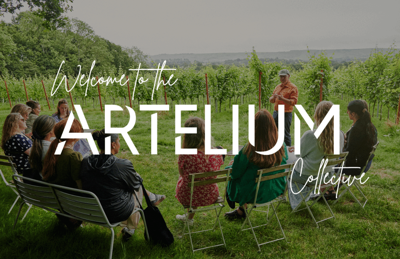 Group of people sitting outdoors in a vineyard for a wine-tasting or educational event, with a person standing and speaking, surrounded by green grapevines, overlaid with text 'Welcome to the ARTELIUM Collective'.