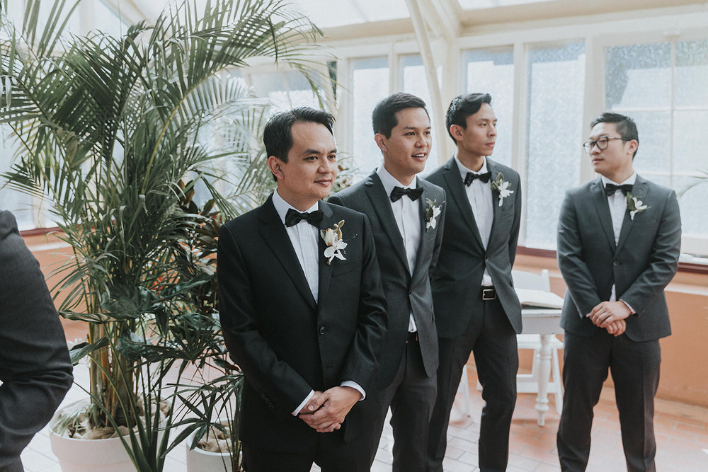 groomsmen waiting for bride to arrive at sydney garden wedding ceremony