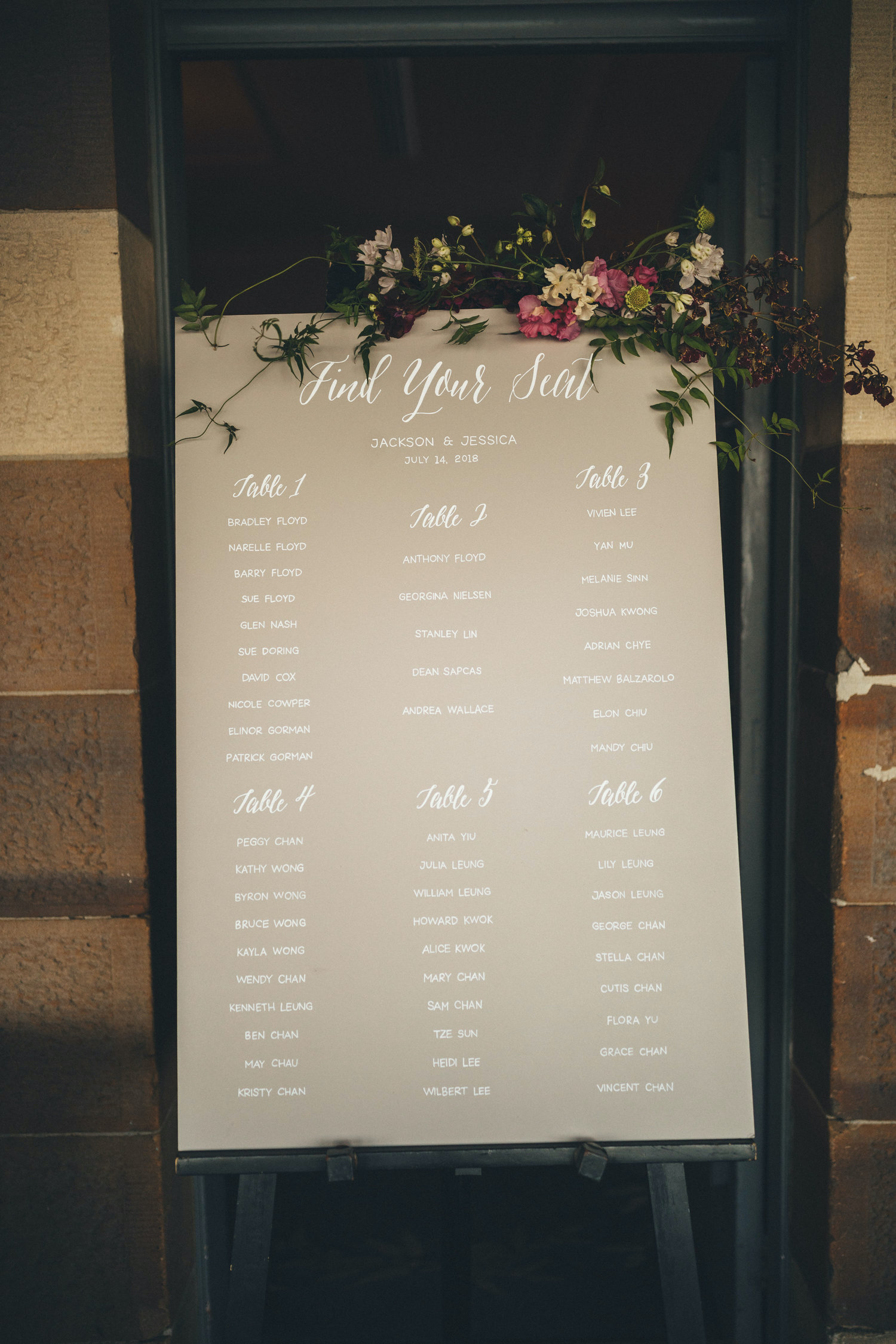 custom seating chart hand calligraphy sydney wedding