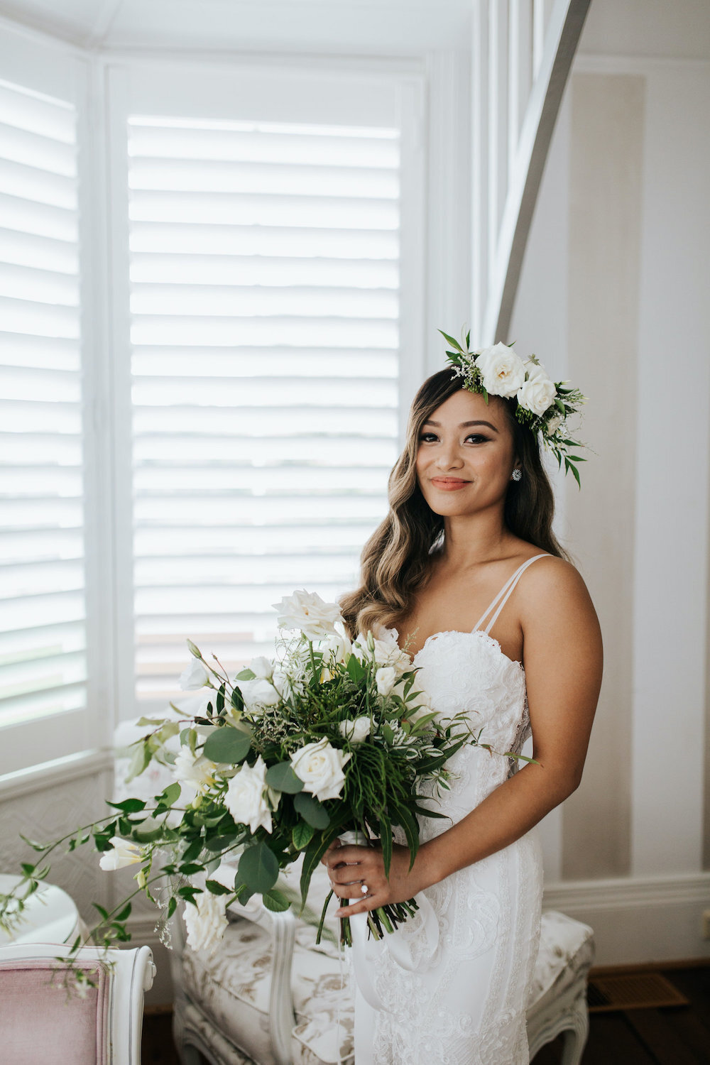 bride holding wedding bouquet at fernbank farm