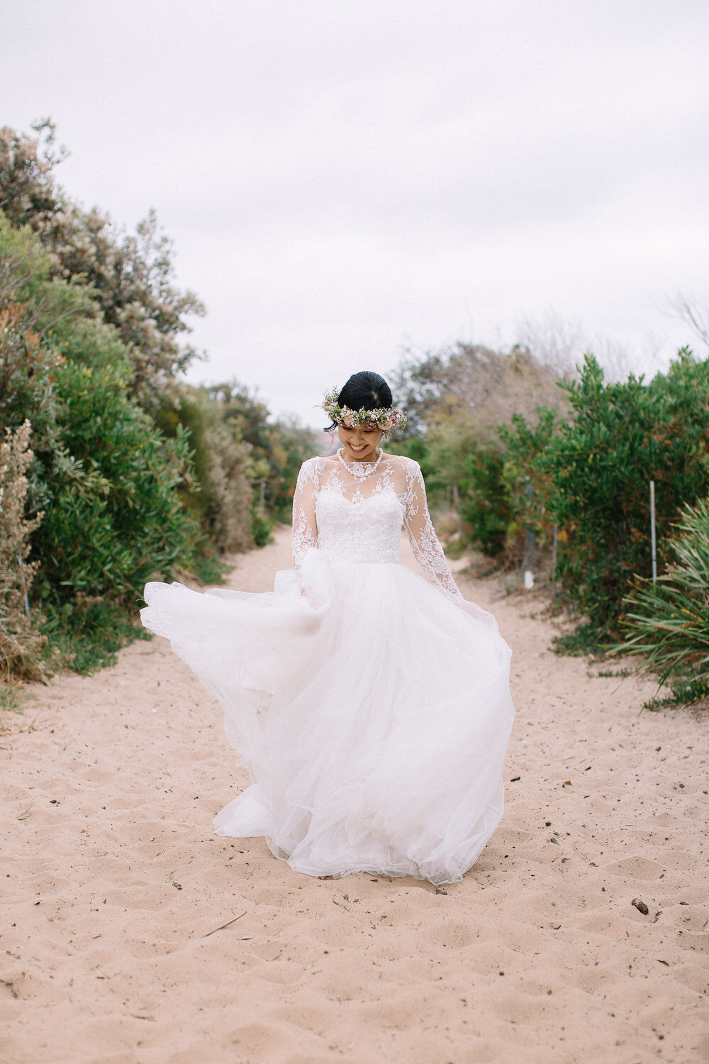 bride wearing reem acra eternity dress and rue de seine grace blouse