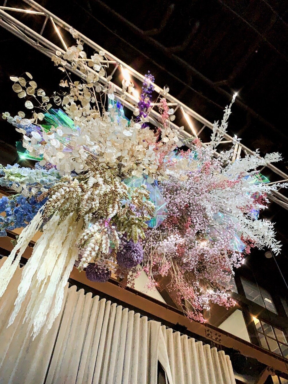 wedding ceiling flower installation iridescent at ovolo