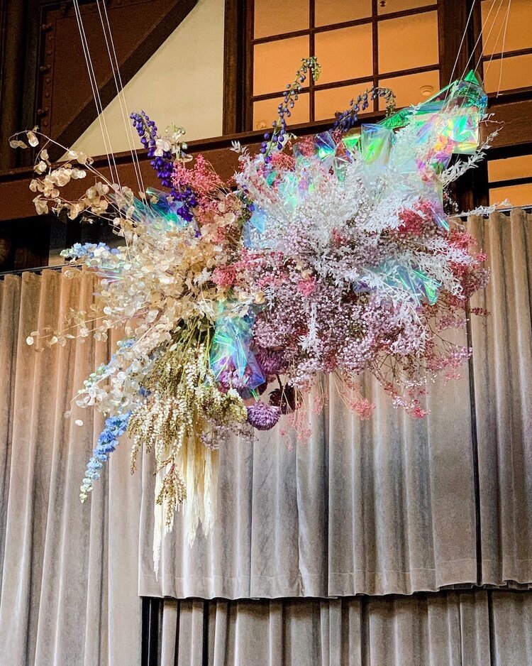 iridescent cellophane with floral design ceiling install sydney wedding showcase