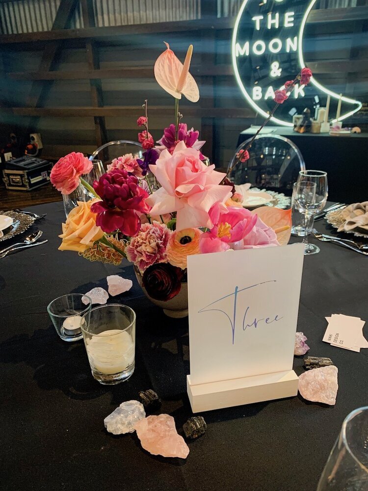 table number hire and floral design at ovolo