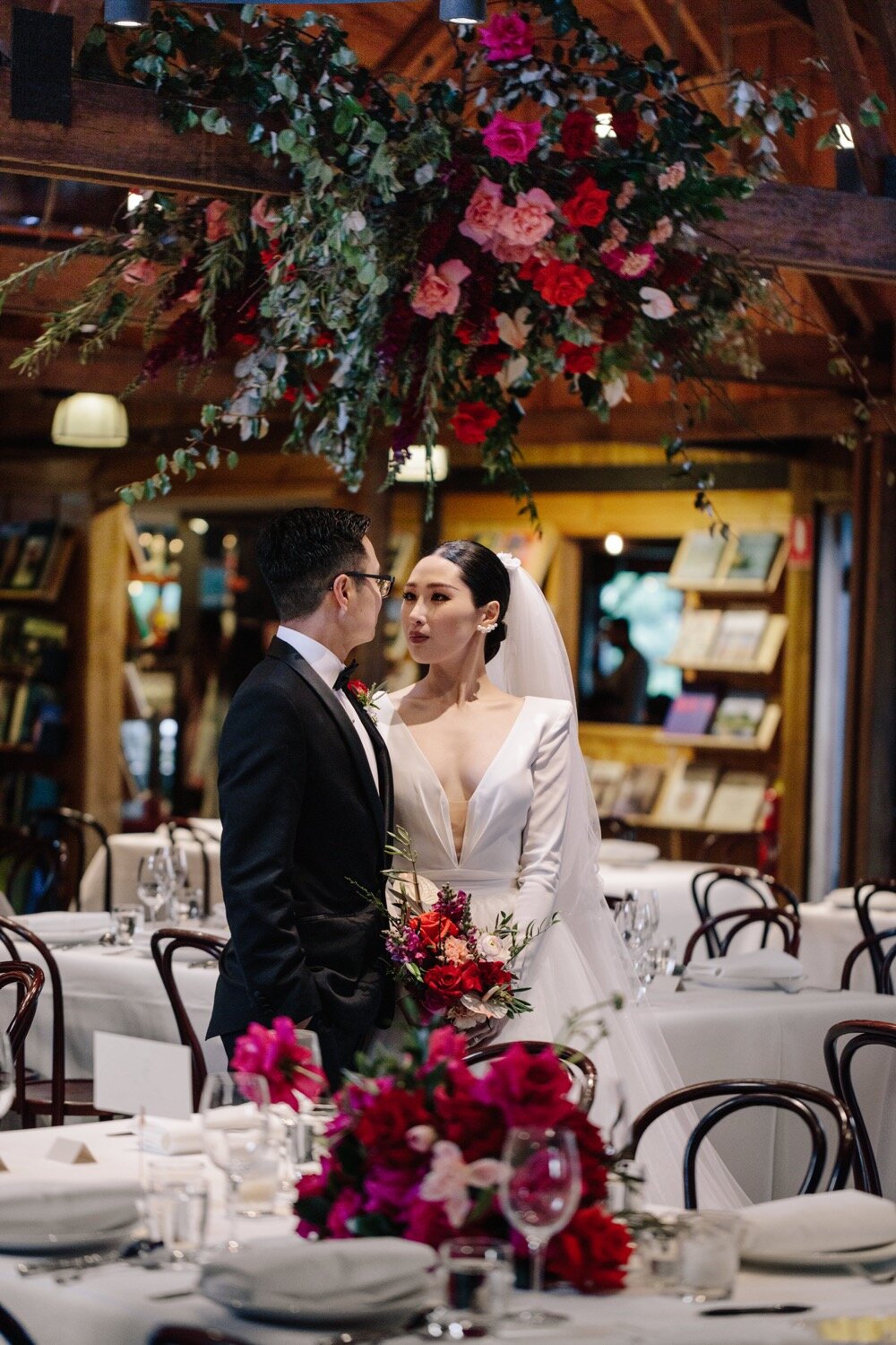 wedding reception bendooley book barn lime tree bower flowers