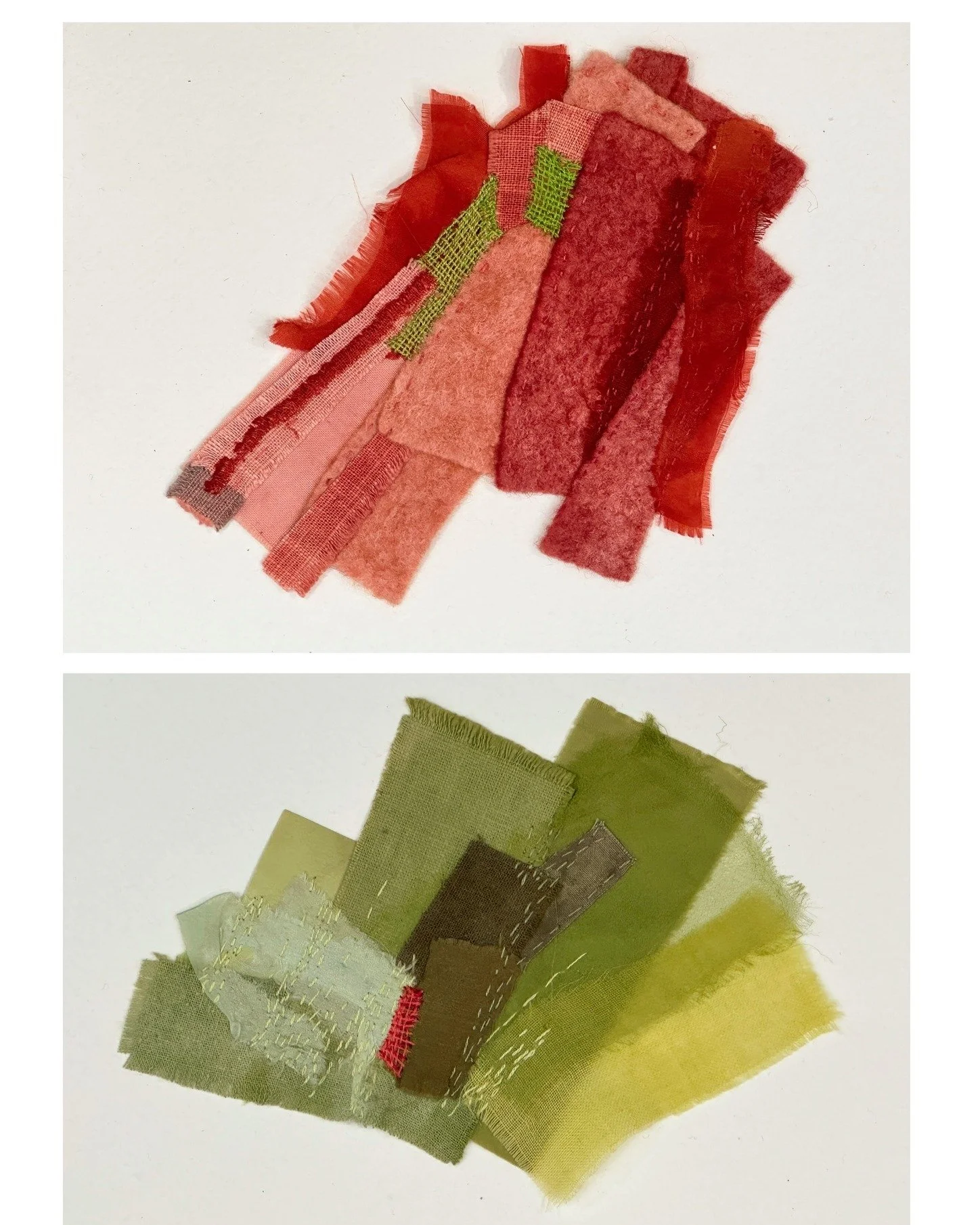 Sneak preview of 2 new small works from a series entitled 'Duality'. Duality refers to the gradual transition fI am making from synthetic to natural materials in my ongoing studio practice. The top sample shows cloth fibres dyed with madder (Rubia ti