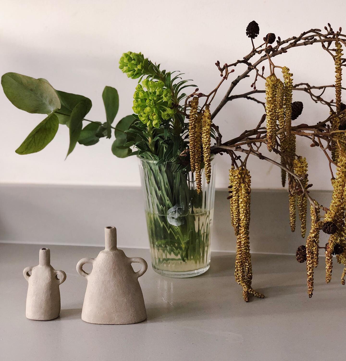 WFH. Spring greens and stoneware vases slowly drying in the kitchen