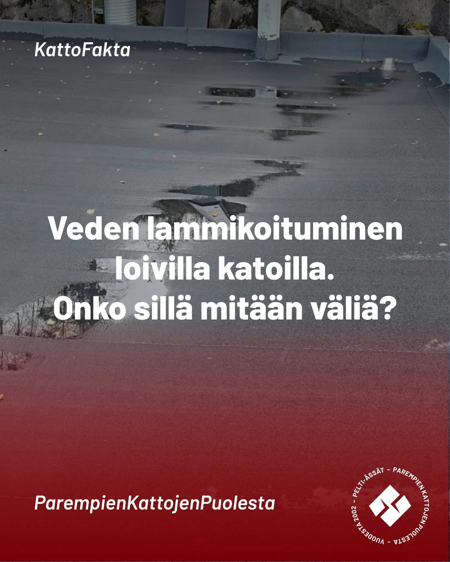Veden seisonta loivalla katolla ei ole harmiton ilmiö.
Pieni lammikko voi kertoa rakenteiden painumisesta, huonosta kaadosta tai muista ongelmista katolla.
Katolla seisova vesi ei saisi olla yli 15 mm syvää – ja sen pitäisi