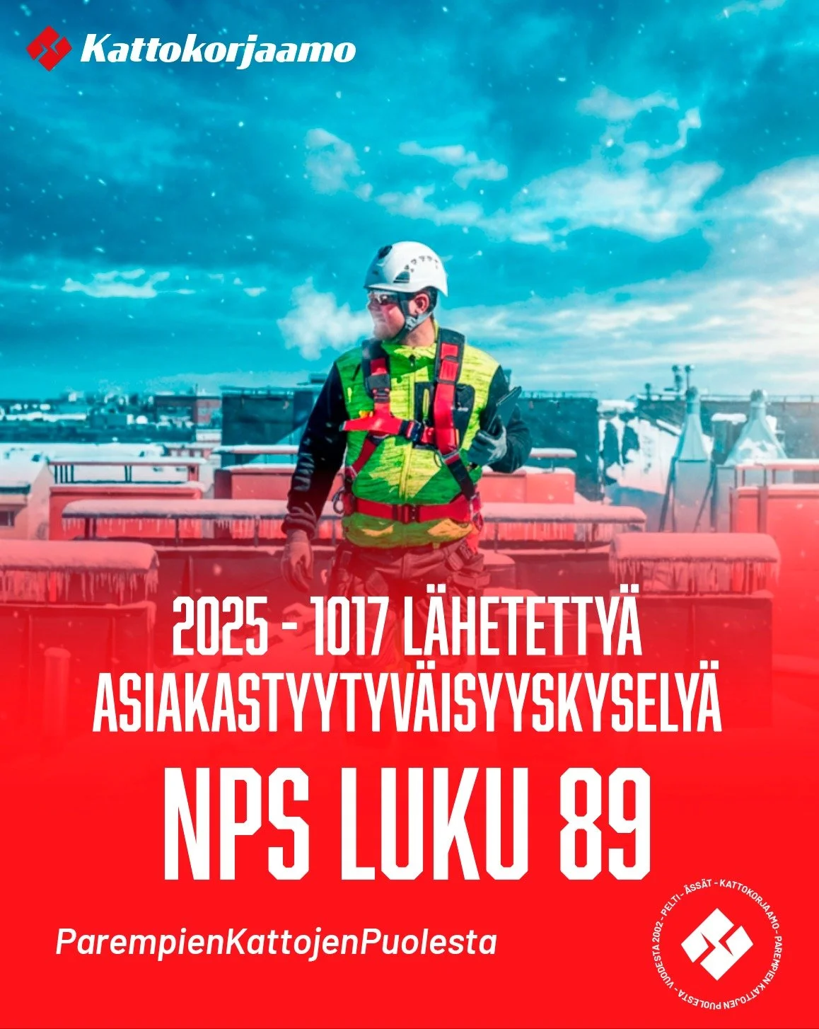Meill&auml; on aihetta hymyyn. Kattokorjaamon tuore NPS-tulos on 89, mik&auml; kertoo poikkeuksellisen vahvasta asiakastyytyv&auml;isyydest&auml;.

Kiitos jokaiselle asiakkaalle, joka on antanut palautetta ja suositellut meit&auml; eteenp&auml;in. T&