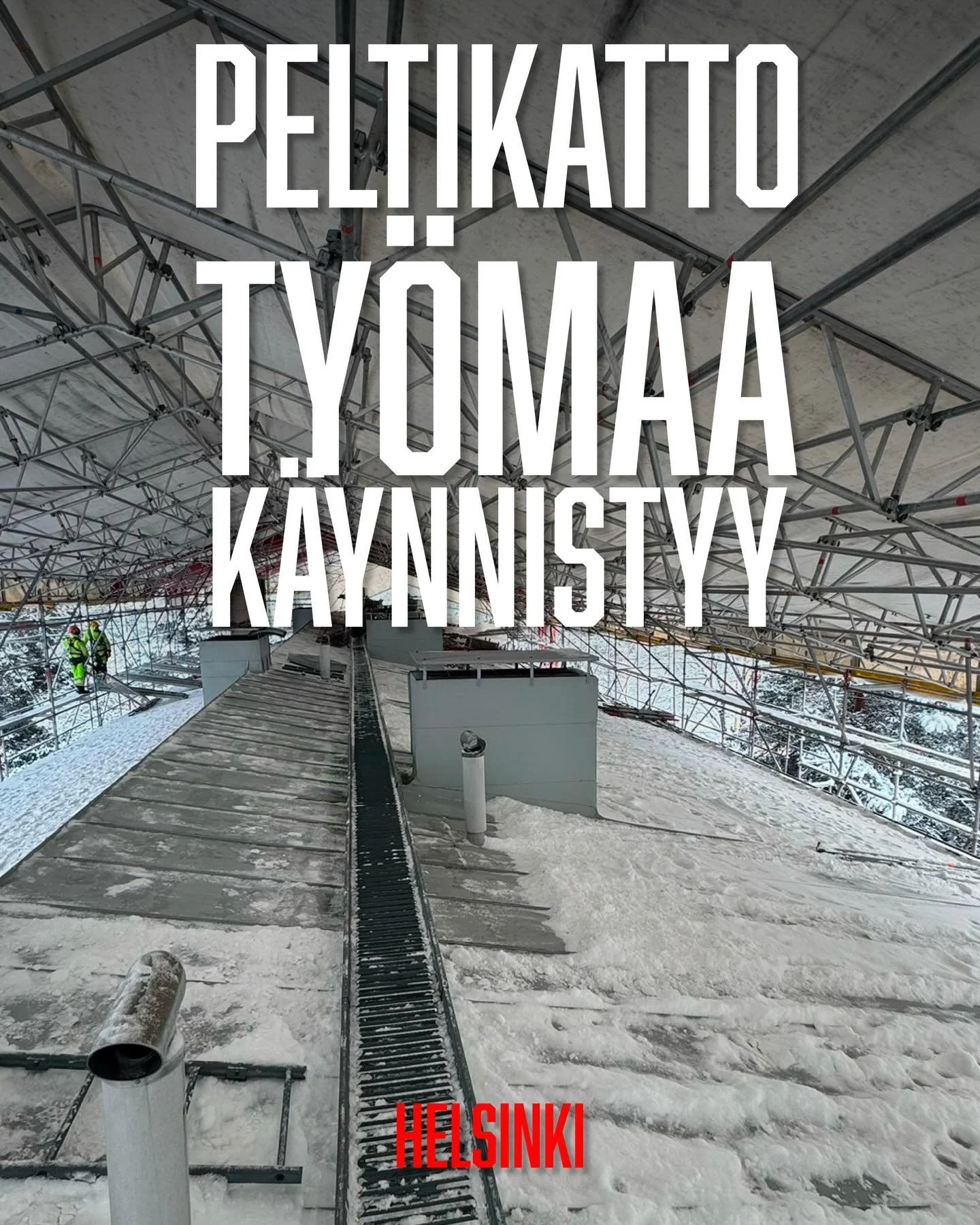 Pelti-&Auml;ssien peltikattourakoinnissa k&auml;ynnistyy j&auml;lleen uusi ty&ouml;maa.
Ty&ouml;t on aloitettu s&auml;&auml;suojarakenteiden asennuksella, ja katolta poistetaan ensin lumet ja j&auml;&auml;t ennen 
kuin vanhan katon purku alkaa. N&a