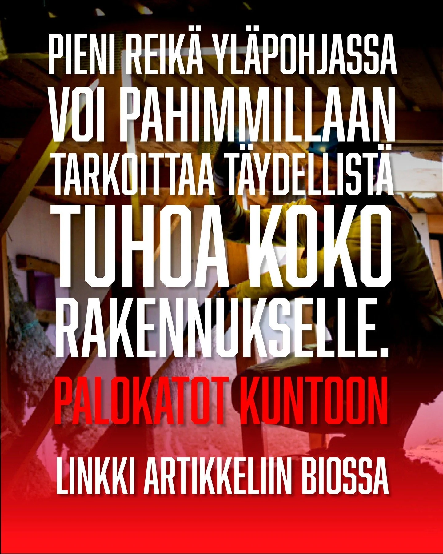 Pieni reik&auml; yl&auml;pohjassa
suuri riski koko rakennukselle 🔥
Yl&auml;pohjan palokatkot ovat yksi taloyhti&ouml;iden kriittisimmist&auml; mutta useimmin huomaamatta j&auml;&auml;vist&auml; turvallisuustekij&ouml;ist&auml;. Puutteellinen l&auml;