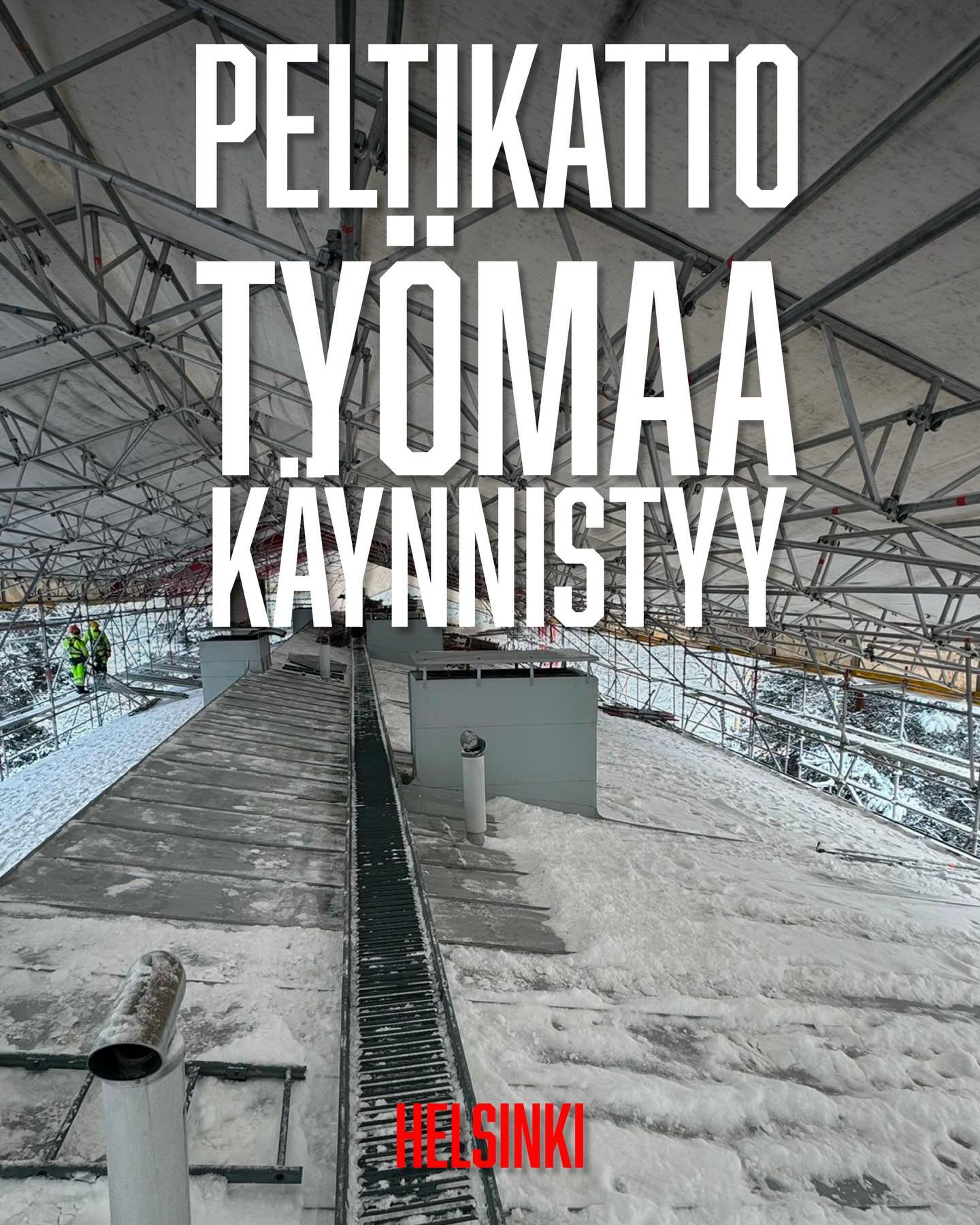 Pelti-&Auml;ssien peltikattourakoinnissa k&auml;ynnistyy j&auml;lleen uusi ty&ouml;maa.

Ty&ouml;t on aloitettu s&auml;&auml;suojarakenteiden asennuksella, ja katolta poistetaan ensin lumet ja j&auml;&auml;t ennen kuin vanhan katon purku alkaa. N&a