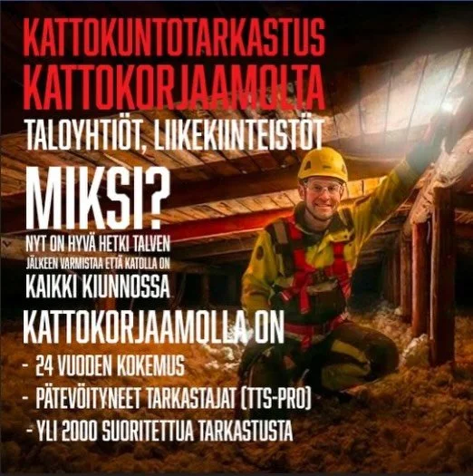 Talvi on takana &mdash; nyt on hyv&auml; hetki tarkastuttaa katto.

👉 24 vuotta kokemusta katoilta.
👉 Yli 2 000 suoritettua kattokuntotarkastusta.
👉 TTS Pro -p&auml;tev&ouml;ityneet katon kuntotutkijat.

Kattokuntotarkastuksemme on puolueeton arvi