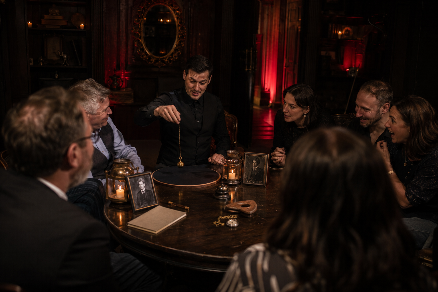 An actor hosting a seance in front of joyful audience members in The Liminal Line.