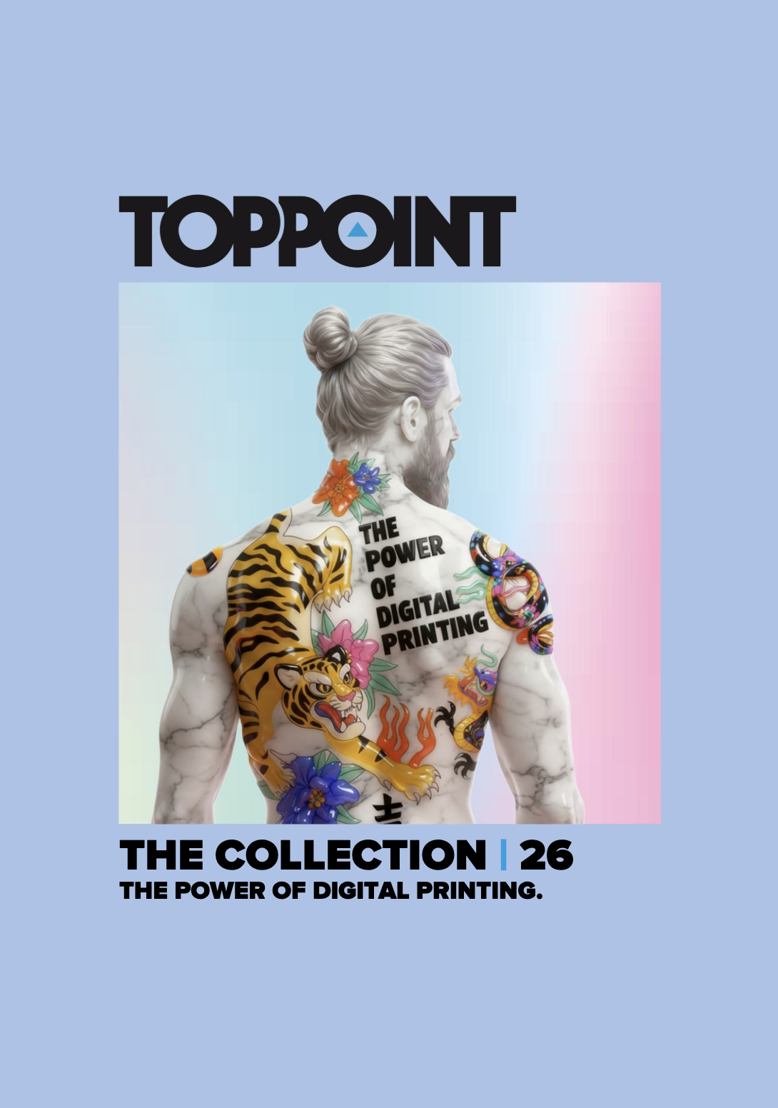 Magazine cover for Toppoint, issue 26, featuring a shirtless man with tattoos of a tiger, flowers, and a snake, with text "The Power of Digital Printing" and a pastel gradient background.