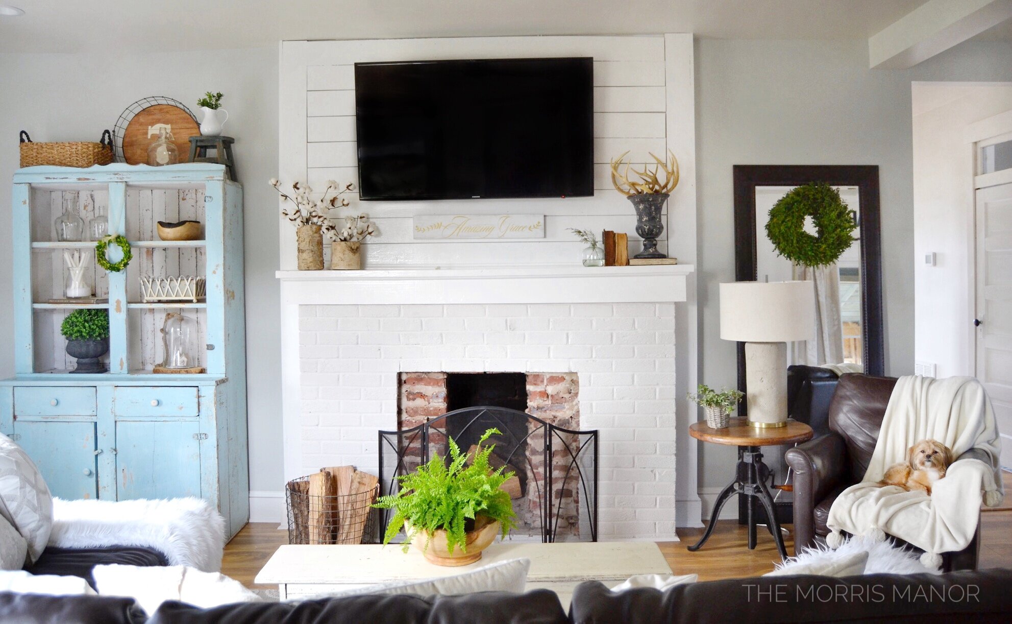 farmhouse tour family room and fireplace
