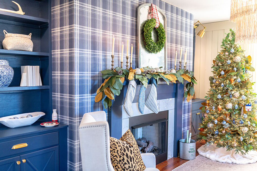 Christams tree and plaid wallpaper blue and white home office 1