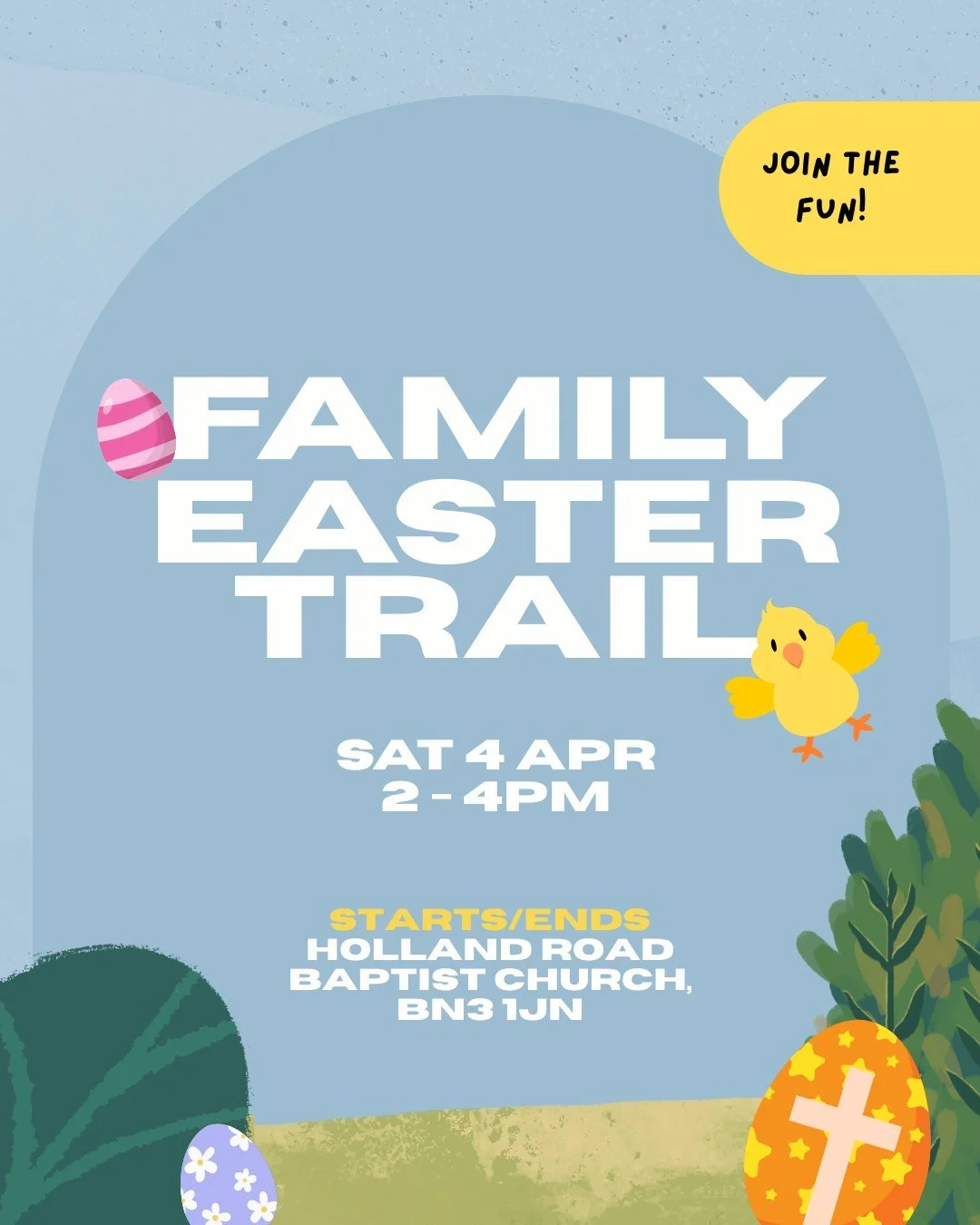 Last year we had such a fun time, we're excited to bring back the Family Easter Trail for Easter 2026! A fun event for the whole family! 

Follow our interactive walking trail to collect parts of the real Easter story and end with some treats in our 