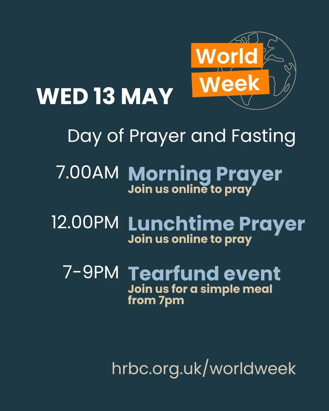 We have a special day of prayer and fasting tomorrow. You are welcome to join us for one or all of these prayer times! In the evening we will be meeting at church for a simple meal to start and we'll have Will Leaf sharing about Tearfund's work among
