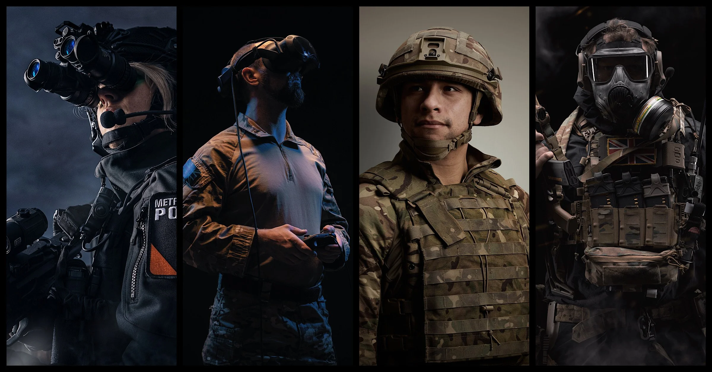 Composite image of four military and tactical personnel: a female soldier with night vision goggles, a male person with a headset and mobile device, a male soldier in camouflage uniform, and another soldier in tactical gear with a gas mask and hearing protection.