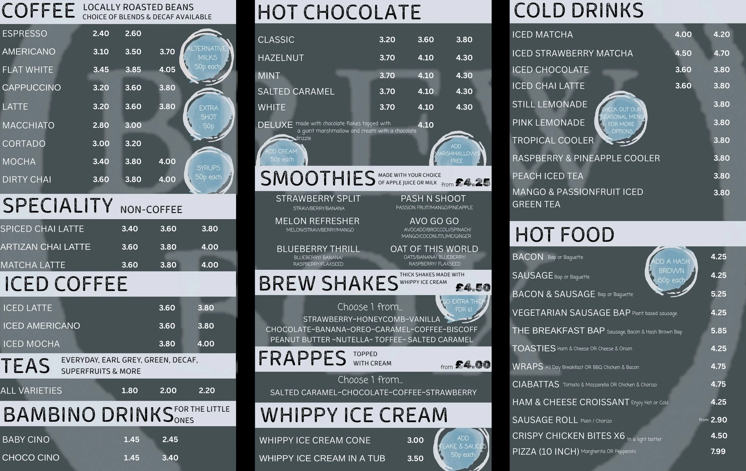 A food and beverage menu divided into sections: Coffee, Speciality Non-Coffee, Iced Coffee, Teas, Bambino Drinks, Hot Chocolate, Smoothies, Frappes, Cold Drinks, Hot Food, and Wraps. It lists items, prices, and optional add-ons, with some sections featuring graphics or notes about extra shots, cream, or sauces.