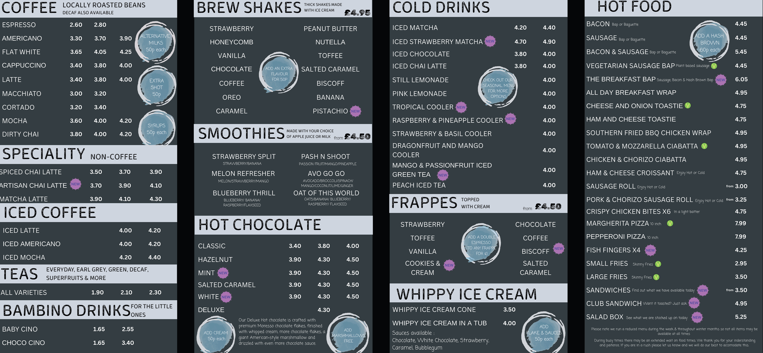 Menu divided into sections for coffee, specialty, iced coffee, hot chocolate, brewed shakes, smoothies, cold drinks, hot food, frappes, whipped ice cream, and hot food items, with prices listed for each item.