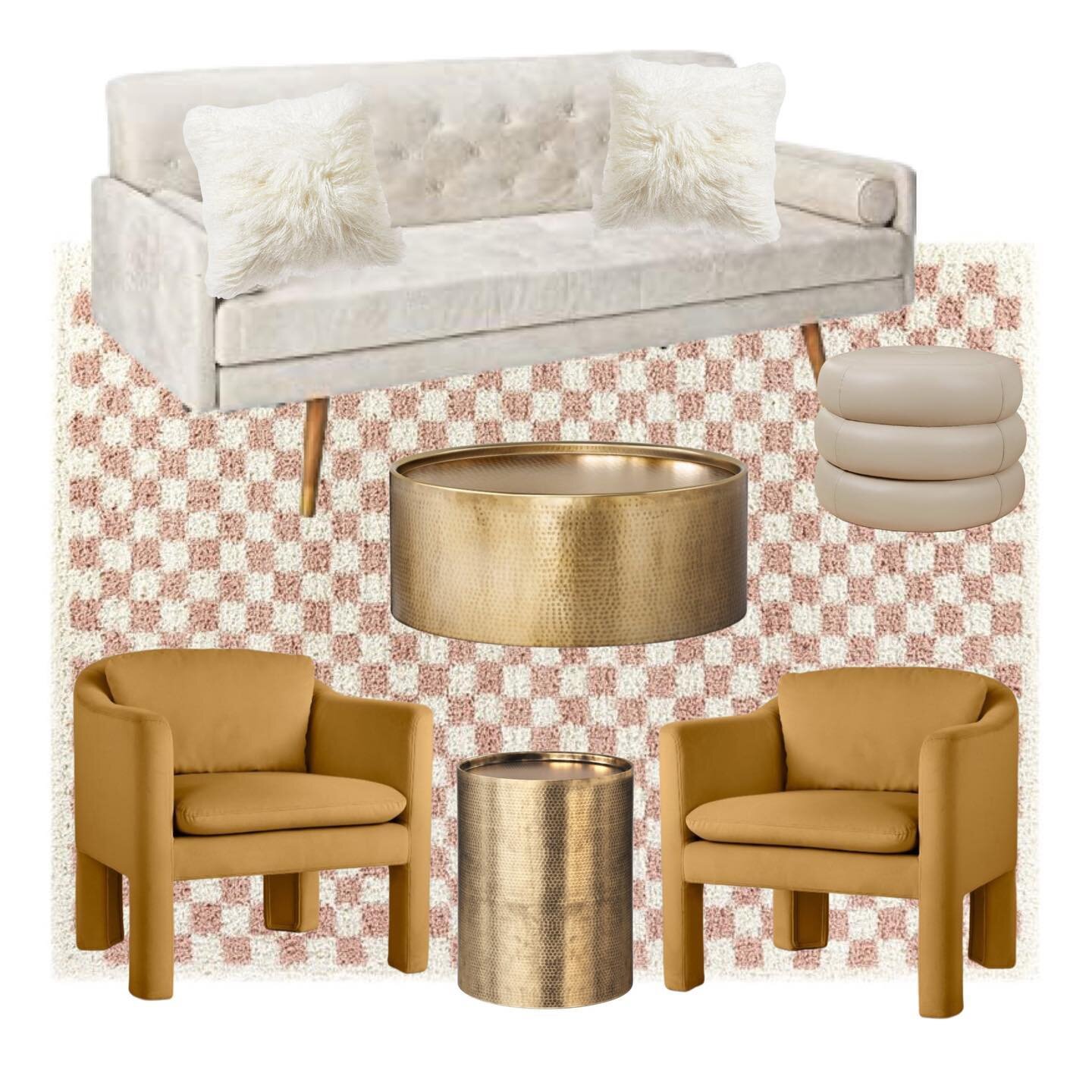 Introducing&hellip;✨ Mari ✨

One of our new sets for 2023, she will be available to rent beginning in December. She features a cream colored sofa, two velvet mustard accent chairs, a leather pouf, gold accent tables and a pink + cream checkered rug. 