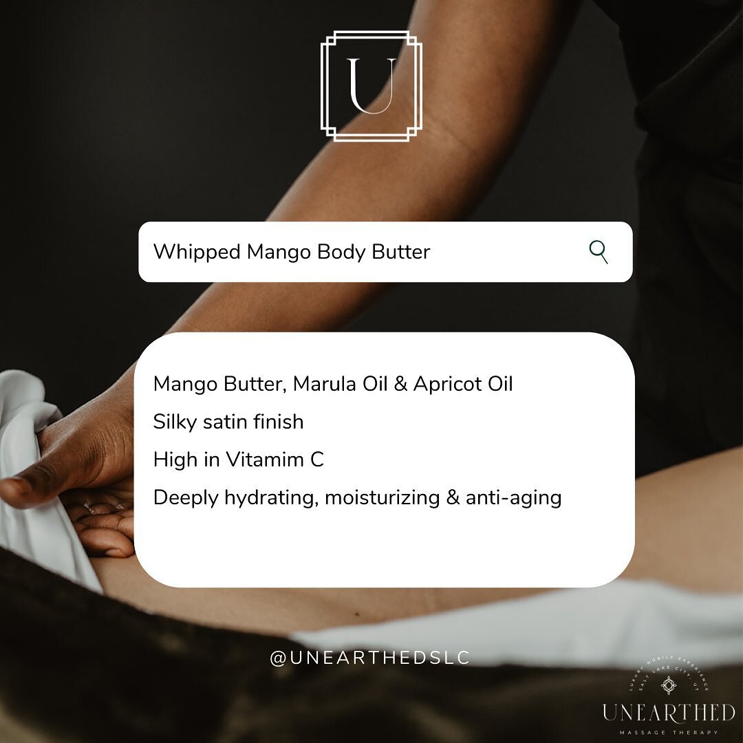 M A N G O &bull; B O D Y &bull; B U T T E R

Mango Butter - Extracted from the seed or pit of a mango, semi solid and lightweight texture 

Marula Oil - Native to parts of Southern Africa, extracted from the kernels of the fruit and light yellow in c