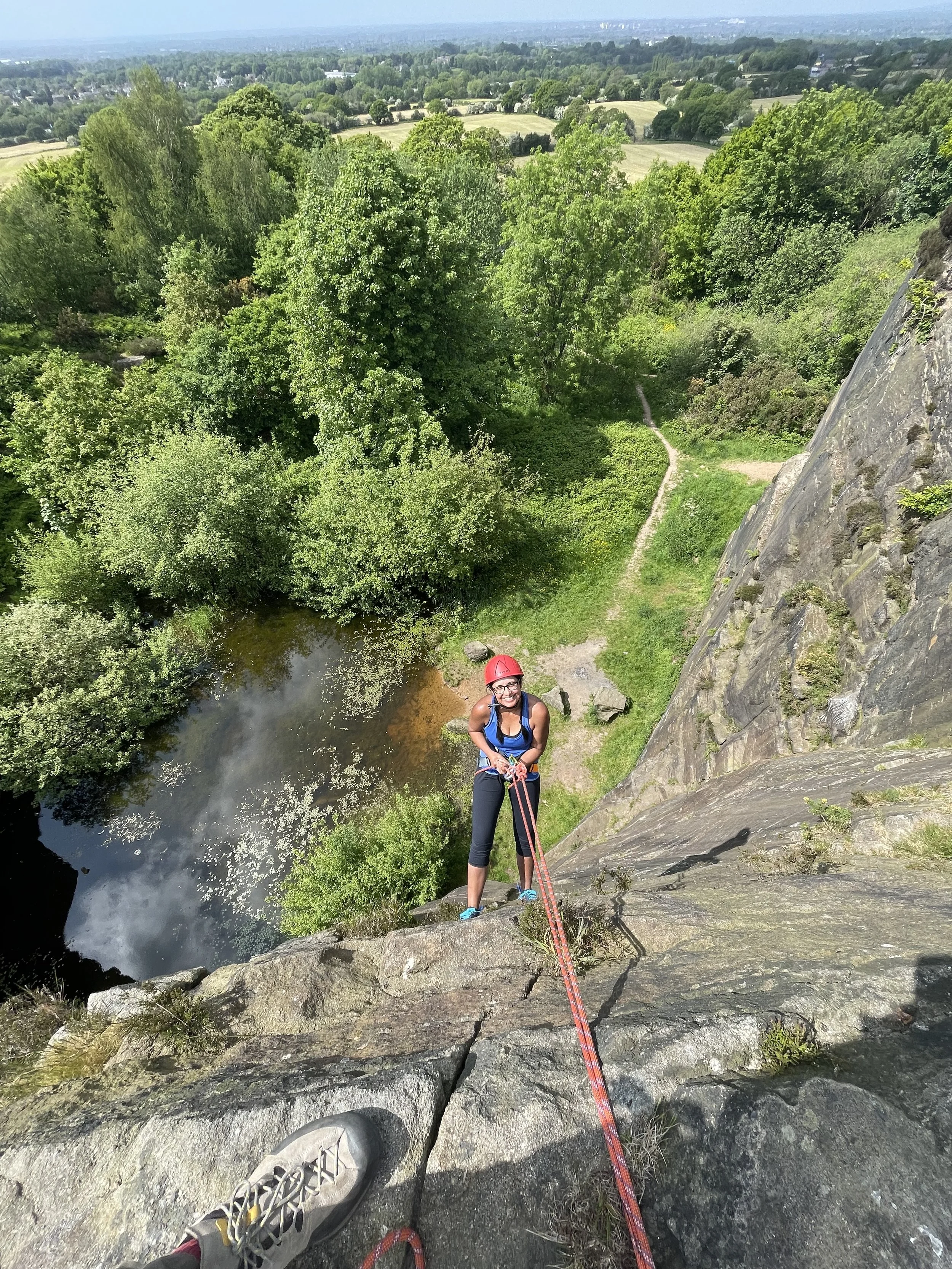 Abseiler leaving her comfort zone at Denham Quarry
