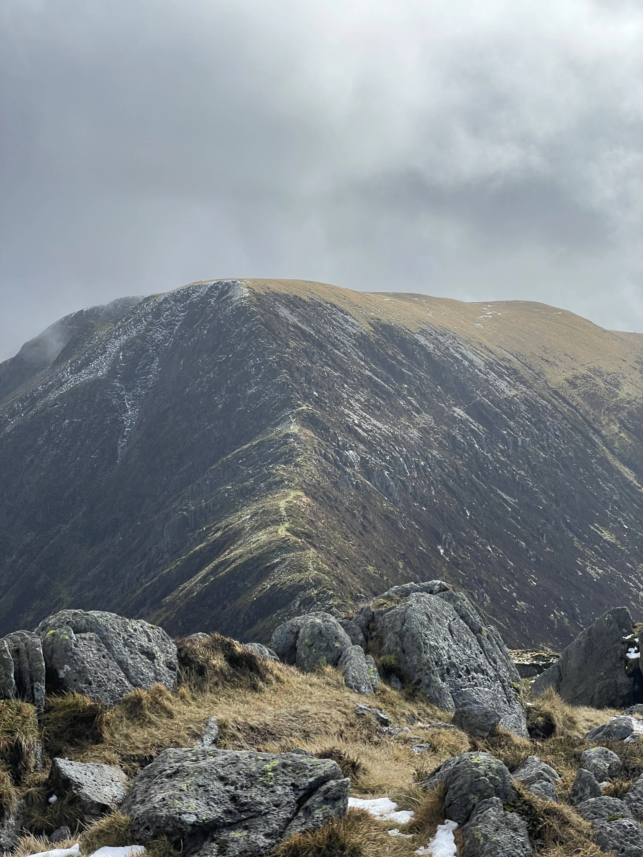 A mountain landscape with rocky foreground, patches of snow, steep slopes, and a cloudy sky overhead.