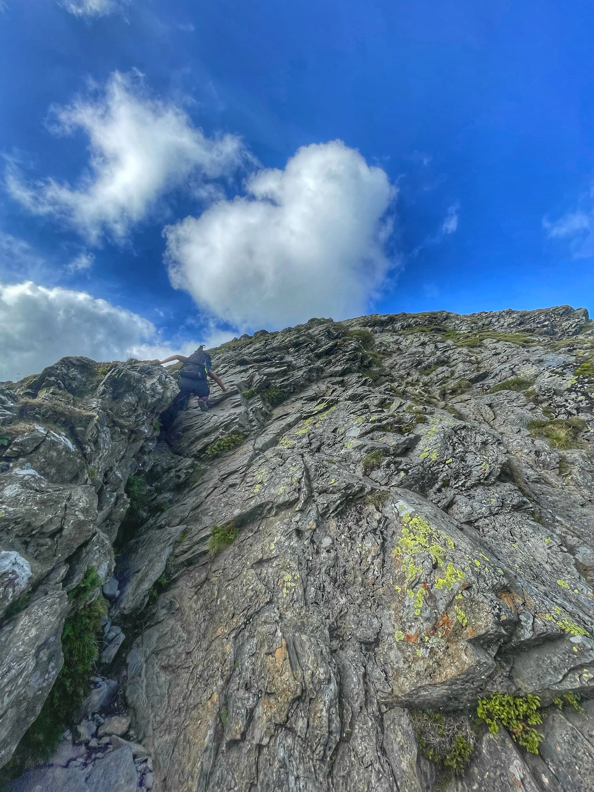 climber scrambling up to blencathra from sharp edge