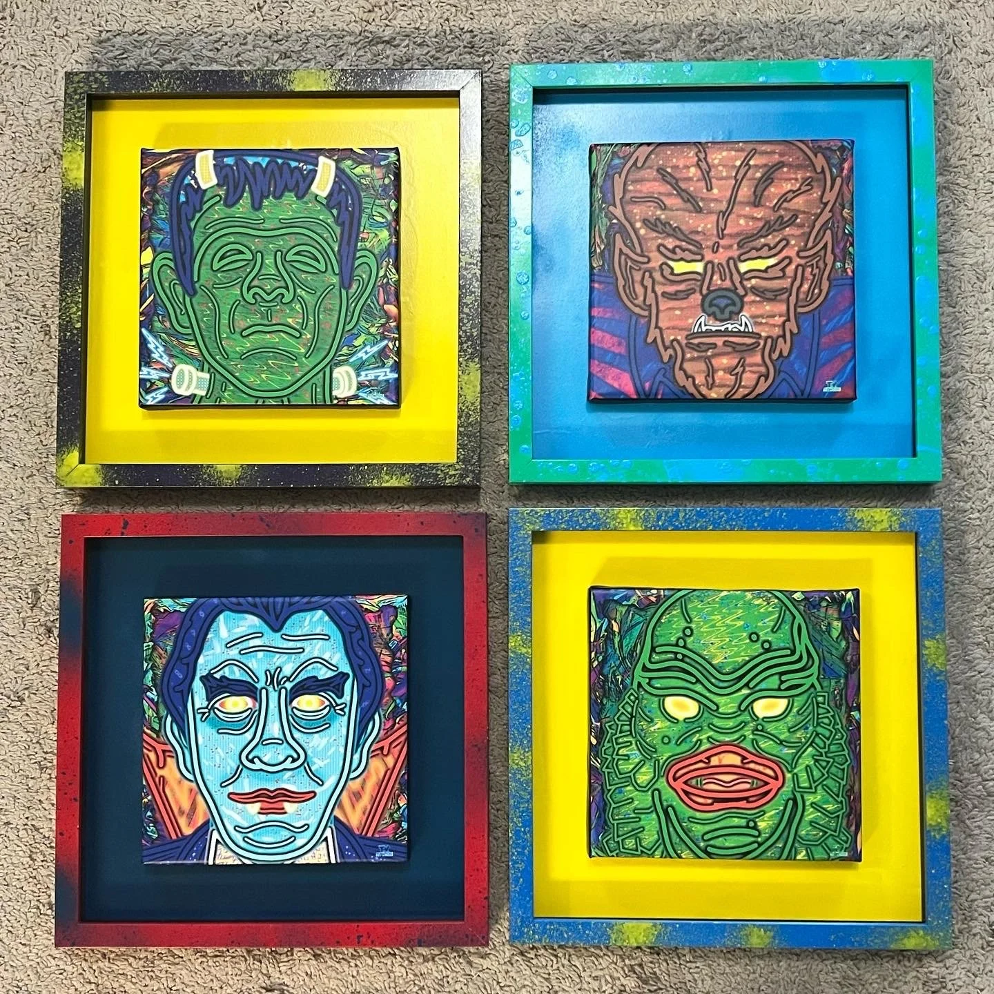 Four Monsters (On Canvas) Shadowboxed 12"x12" Set