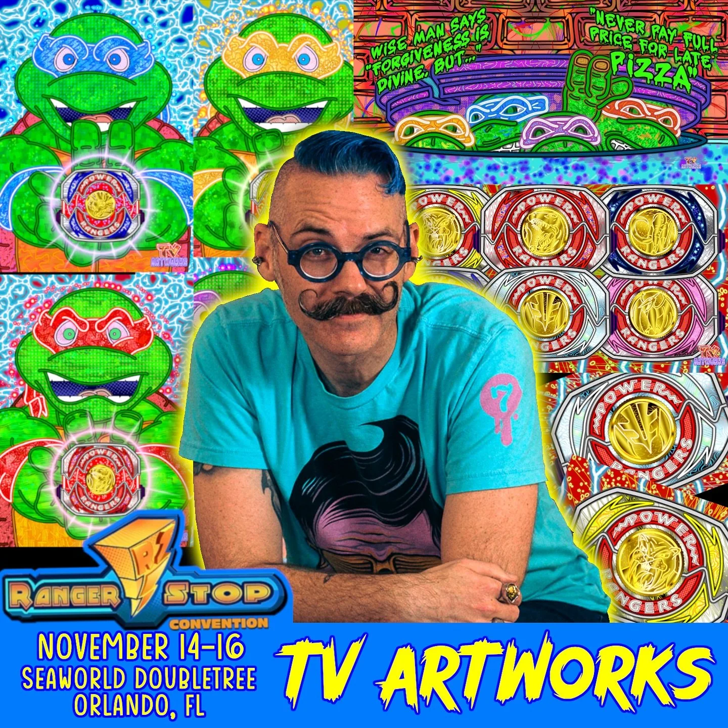 IN TWO WEEKS! @rangerstop_convention Year 10 is happening! I&rsquo;ll have some new prints available! Speaking of which, the Mighty Morphin Ninja Turtles set is still available for pre-order for the next few days at TVArtworks.com. You can swipe &mda