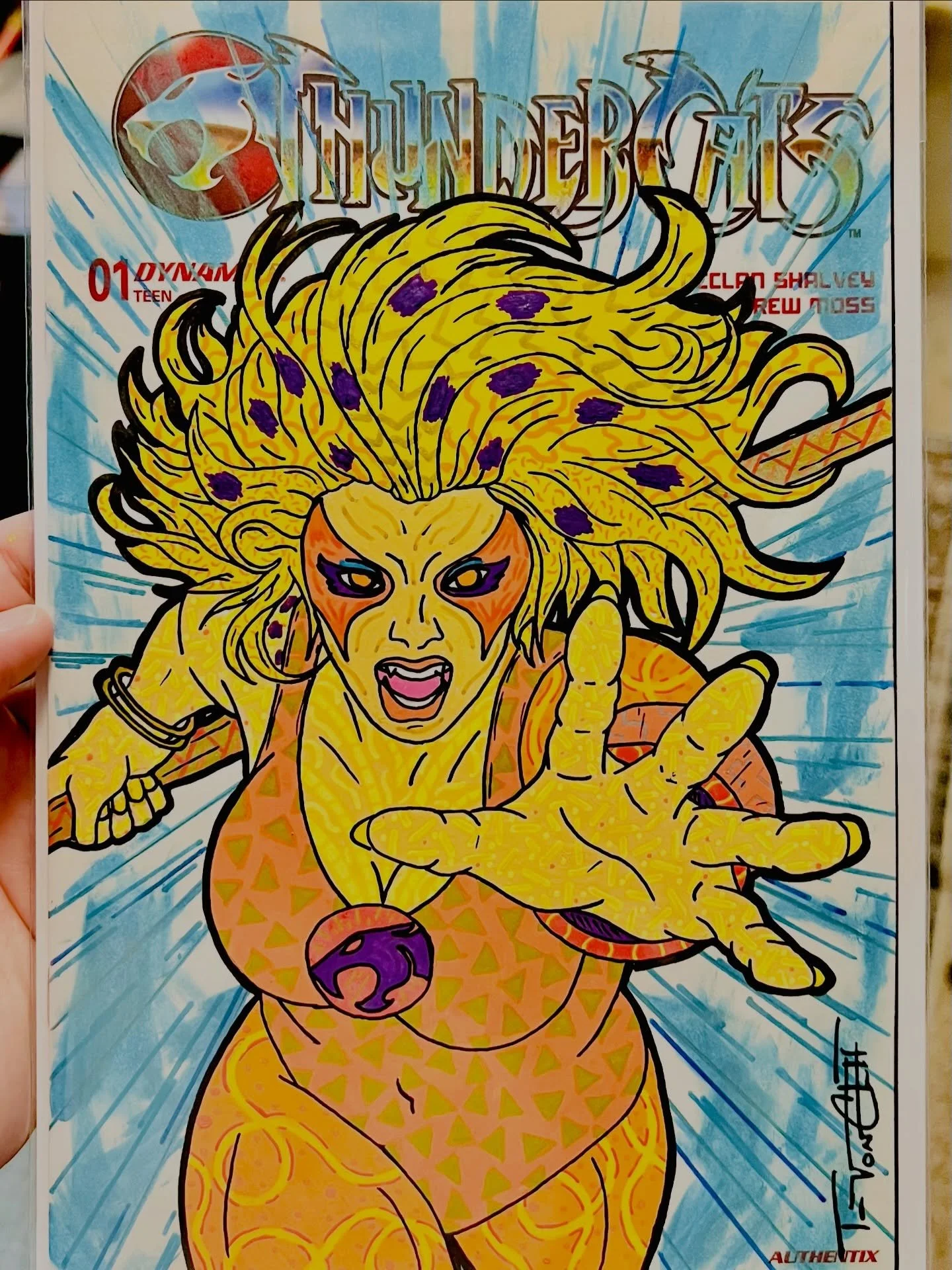 Cheetara from Thundercats. She rocks a rad multi-tone yellow and orange color pallet. Those are usually colors I save for the background, so I went darker on the background this time. I started this piece at Clearwater Comic Con on Saturday. I had fu