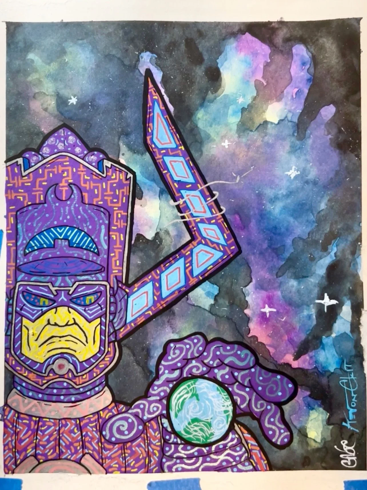 A fun collaboration between @gvoncupcake and myself. She painted the watercolor space nebula background on watercolor paper, and said &ldquo;do something spacey with it&rdquo;. So here we are.
#galactus #watercolor #acrylicpaint #posca #tvartworks