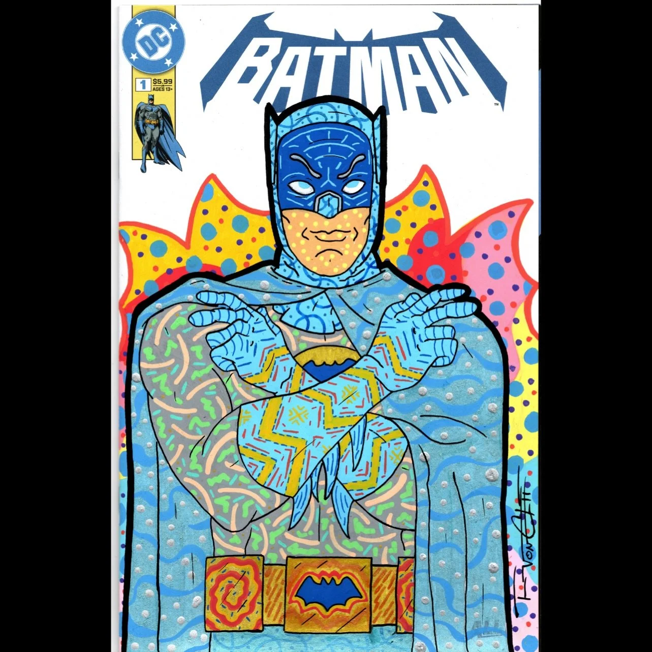 Classic Adam West Batman &lsquo;66 sketch on Batman issue 1 (2025). Metallic ink base on the cape and pants, trying to replicate the effect of the original suit material. The 60&rsquo;s were all about shiny materials for clothing. Anyway, here it is.