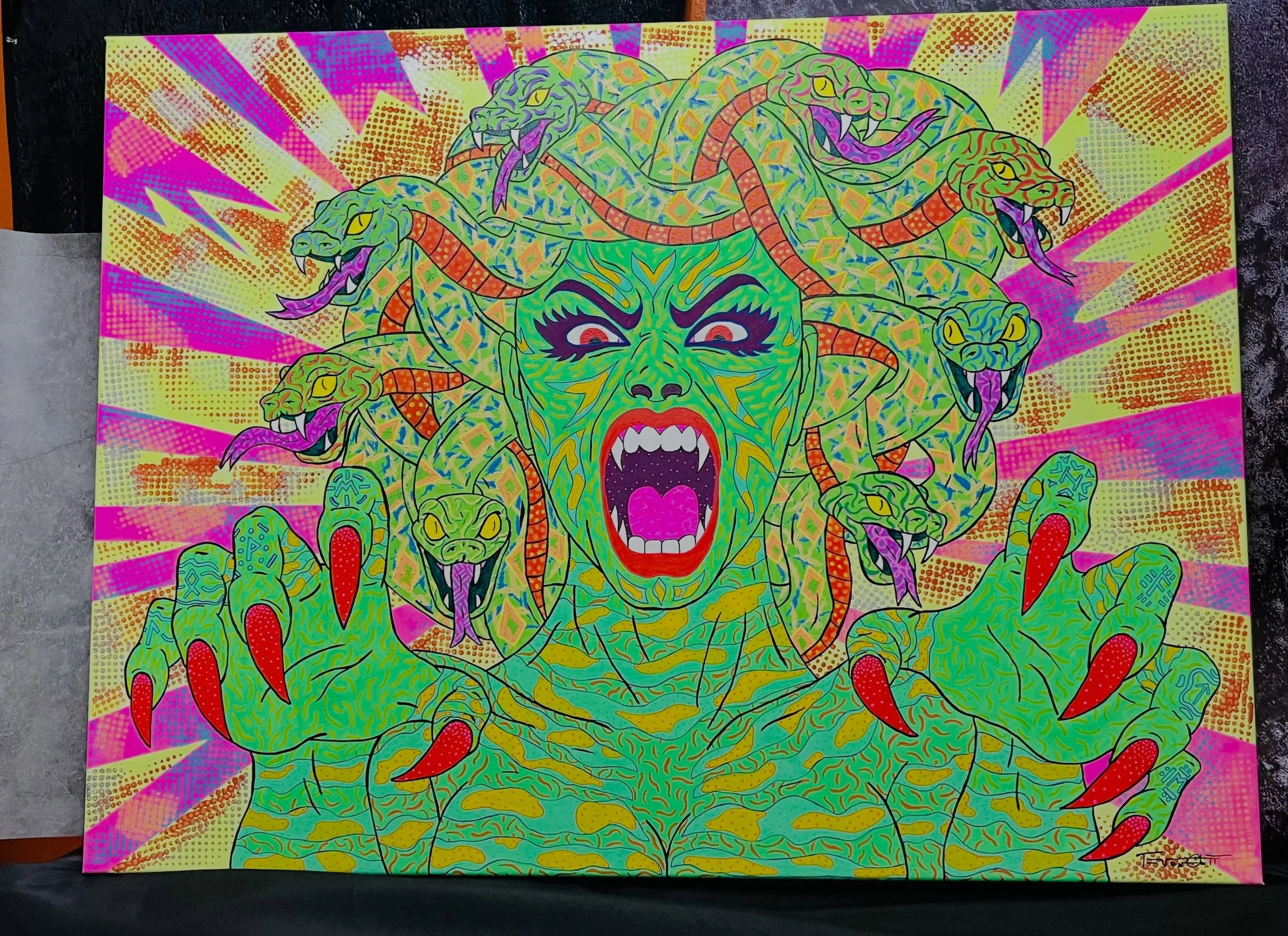 &ldquo;How Are My Nails?&rdquo;
30&rdquo;x40&rdquo; 
-Acrylic on canvas. 
-Black light reactive. 
-Glow-in-the-dark. 
-55 hours.
-Effin&rsquo; rad. 

This will be on display and for purchase at the Warhol Birthday &amp; Pop Art Party, and on display 