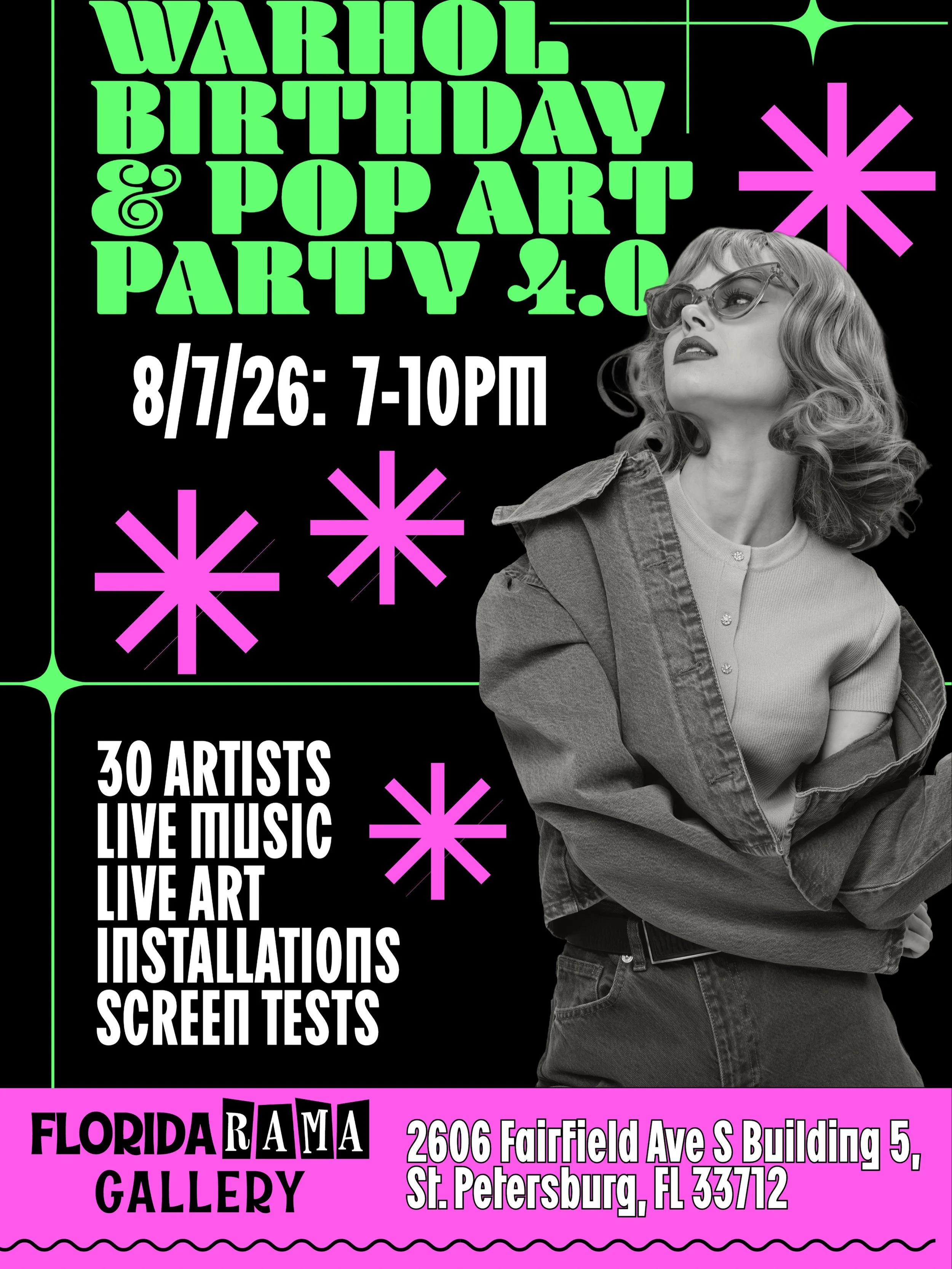 FREE EVENT - THIS FRIDAY NIGHT

The Warhol Birthday &amp; Pop Art Party 4.0 takes place on Friday, August 7, 2026, from 7:00 PM to 10:00 PM at @floridarama.art in St. Petersburg, Florida

Featuring live music, live art demonstrations, immersive insta