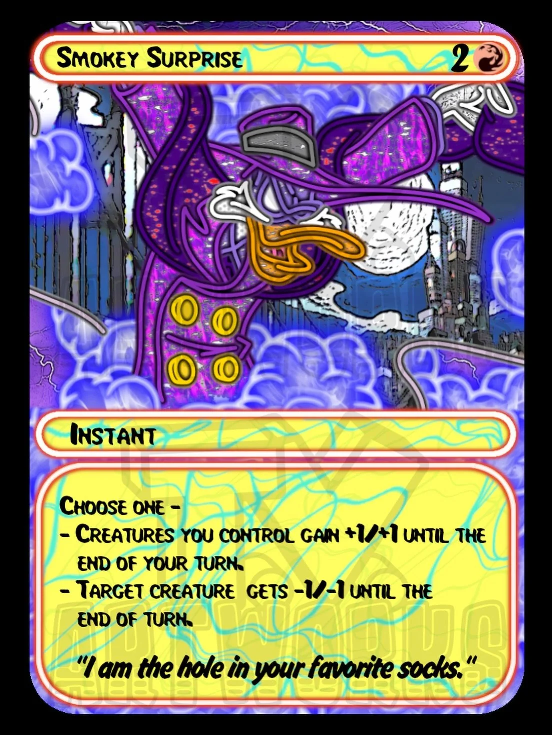 Continuing with my Magic The Gathering parody cards called Static And Splattering.
Instead of making this a Creature card, I made it an Instant card. You can see some of the other cards in an earlier post.

Tomorrow I&rsquo;ll post an Enchantment car