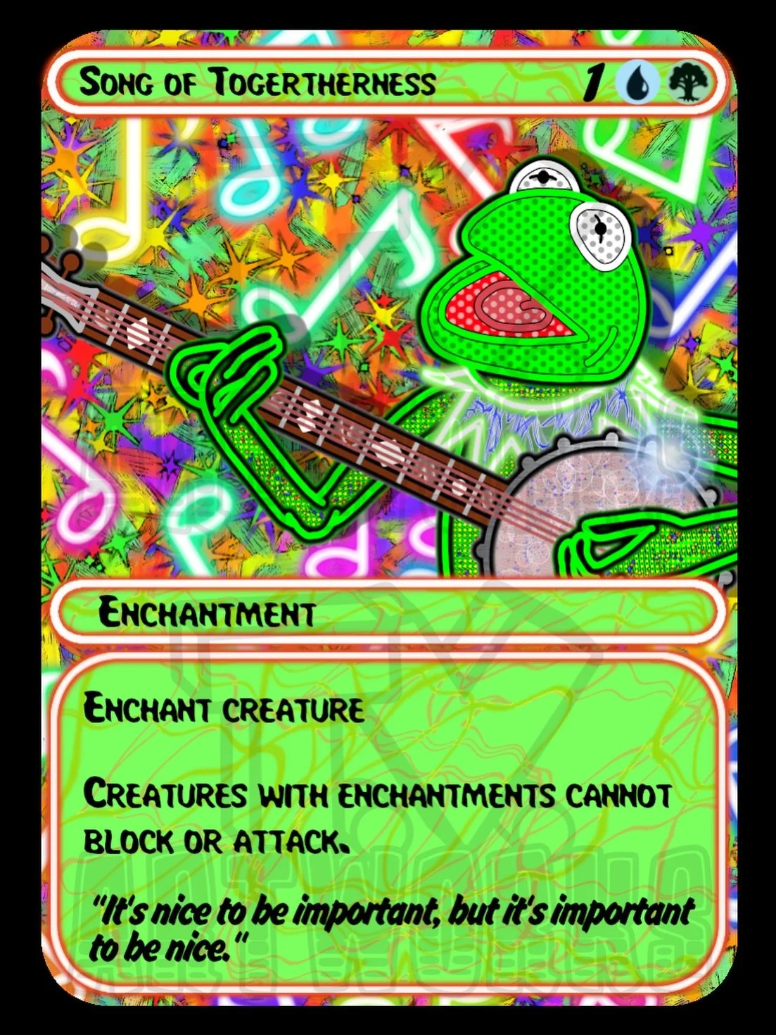 Continuing with my Magic The Gathering parody cards called Static And Splattering.
Instead of making this a Creature card, I made it an ENCHANTMENT card. You can see some of the other cards in an earlier post.

Tomorrow I&rsquo;ll post an Enchantment