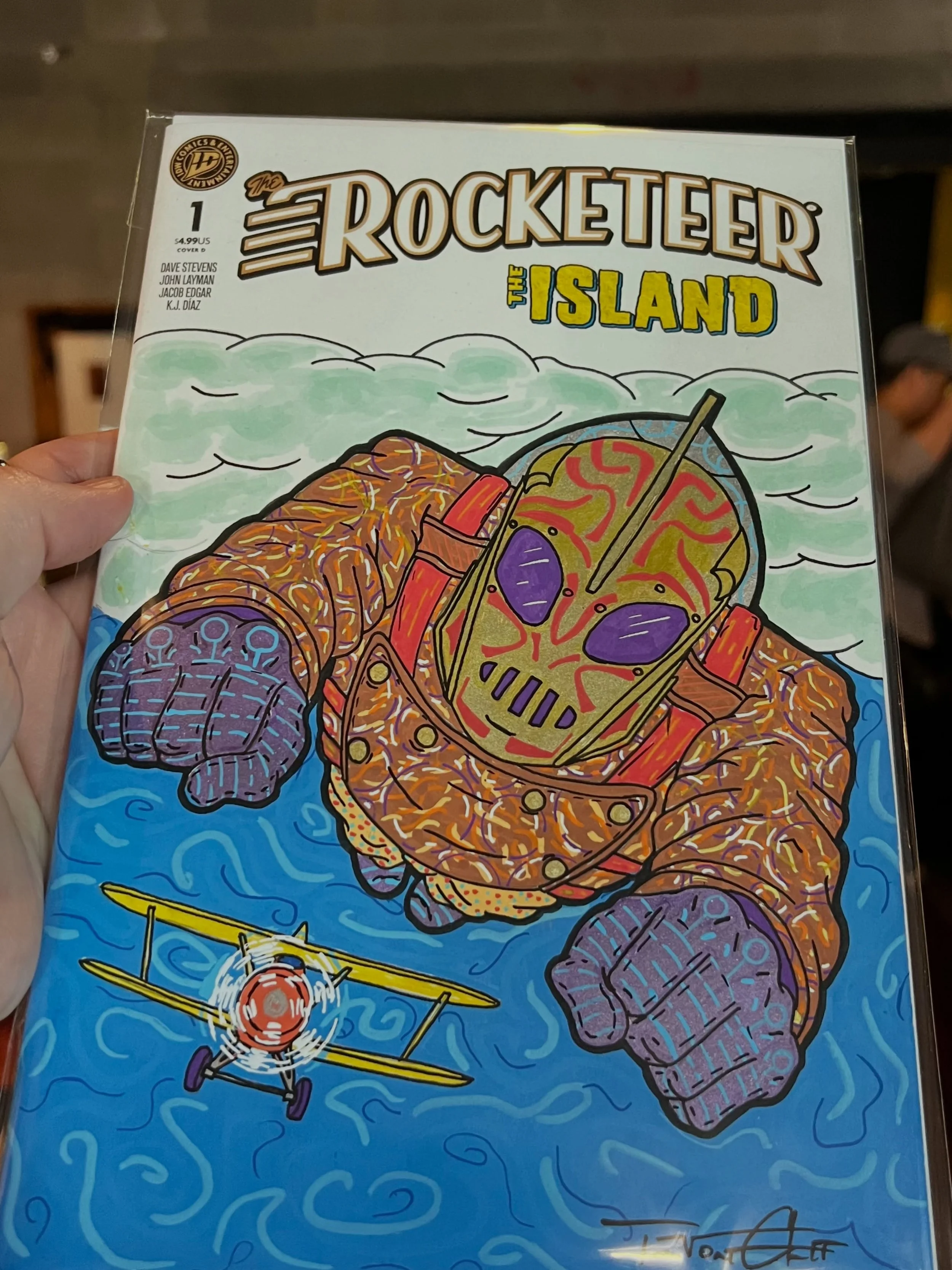 The Rocketeer: The Island is a fun story, and great to see one last Dave Stevens story put into print. It&rsquo;s hard to get the proper lighting in a picture to show the sheen of metallic acrylics. But the helmet, jet pack and gloves look cool on pe